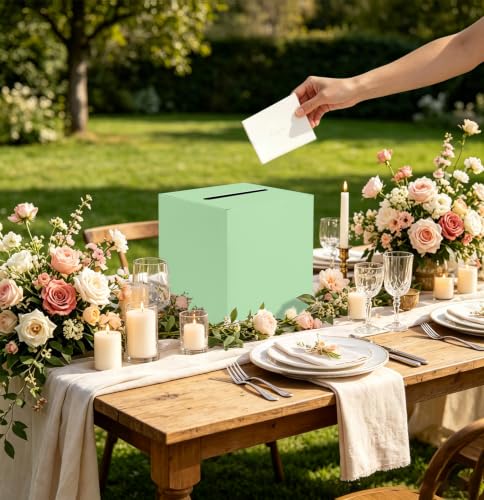 Image of SietDESEO Sage Green Card Box with Slot Money Gift Card Box Holder for Party Wedding Reception Birthday Graduation Bridal Shower Baby Shower Diaper Raffle Box