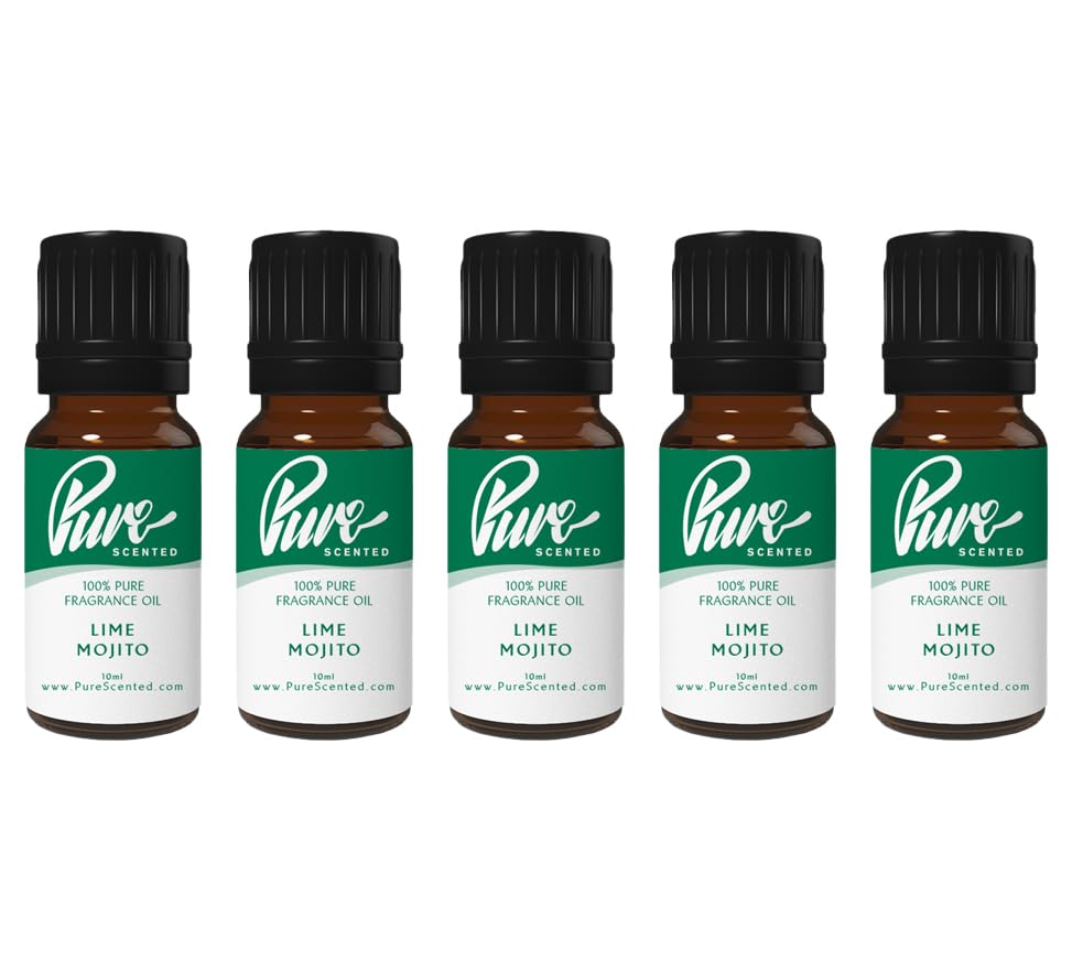 Pure Scented 50ml Fragrance Oils - 5 x 10ml Suitable for Candles, Soaps, Slime, Diffusers, Cosmetics, Wax Melts, Designer (5 x 10ml, Lime Mojito)