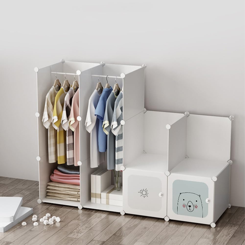 GarveeHome Kinder Kleiderschrank, Modulregal mit 8 Fächern & Kleiderstange, DIY Aufbewahrungsschrank für Kinderzimmer, stapelbar & platzsparend, PP-Kunststoff mit Drahtgestell, 111 x 47 x 147 cm