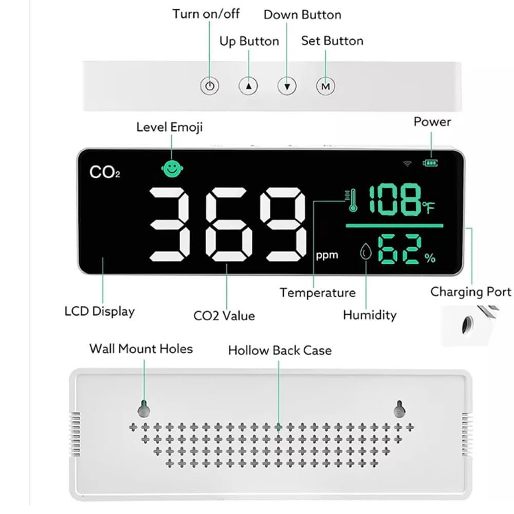 Detector de dióxido de Carbono con función de Alarma Monitor de Humedad y Temperatura del Aire Interior del hogar