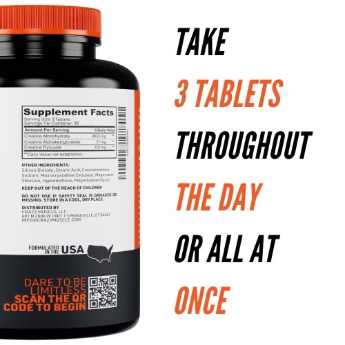 Crazy Muscle Creatine Pills - 5000Mg Of Premium 3X Threeatine Pre Workout Bulk Mass Gainer - High Absorption Easy-To-Take Creatine Monohydrate Tablets Optimum Performance For Men Women - 30 Day Supply #TOP5