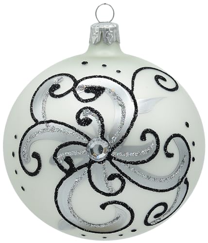 VITBIS - Palline di Natale in vetro, 10 cm, soffiate a bocca, decorate a mano e realizzate a mano, decorazioni per albero di Natale – Colore bianco con ricche decorazioni in argento