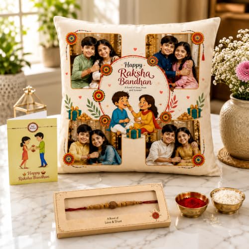 Image of Personalized Photo Pillow 12x12 Inch Cushion with Cover & Filler - Custom Gift for Birthday, Anniversary, Couple, Girlfriend, Boyfriend, Husband, Wife, Friends. (RakhiPilow-04)