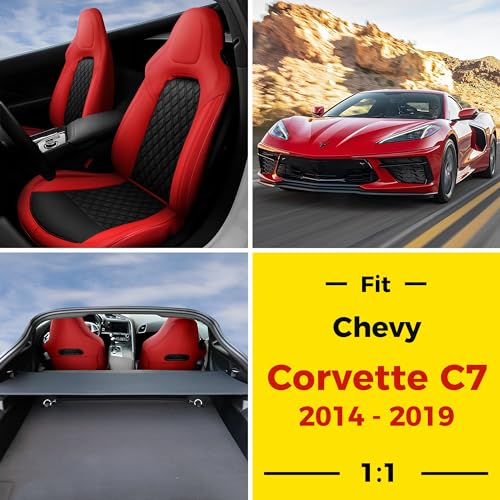 Image of GIANT PANDA Front Car Seat Covers Customized Fit 2014 2015 2016 2017 2018 2019 Chevy Chevrolet Corvette C7 Standard Seats, Leather, Black&Red