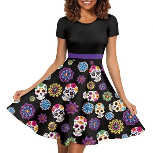 Image of HUGS IDEA Womens Puffy Swing Midi Dress Round Neck Short Sleeve Party A-Line Dresses