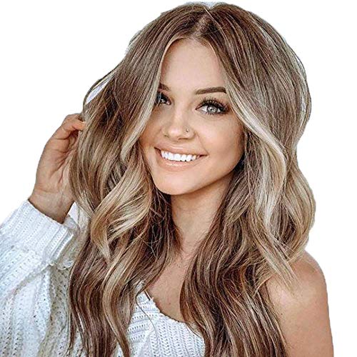 24" Natural Long Wavy Curly Blonde Mix Brown Heat Resistant Synthetic Wigs for Women Girls Middle Part(Mix Color 06)