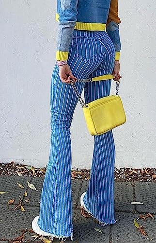 High Waisted Striped Bell Bottom Jeans for Women Stretchy Hem Raw Vintage Wide Leg Flared Denim Pants3