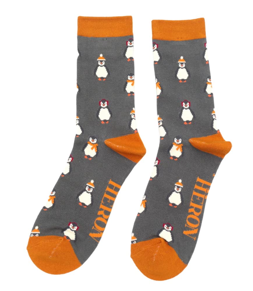 Lilyrosa Men's Grey Winter Penguin Socks One Size 7-11 Bamboo Blend Crew Mid Calf 1 Pair
