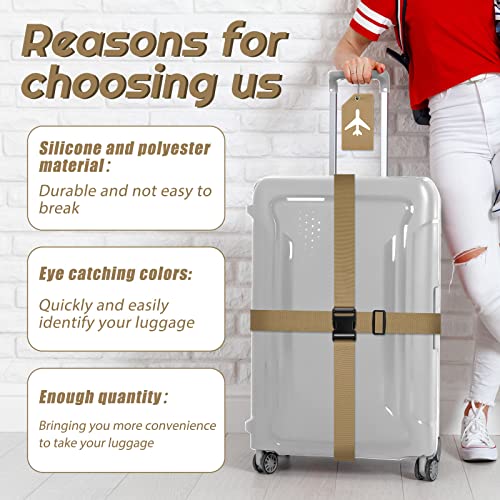 Weewooday 8 Pcs Luggage Straps Suitcase Tags Set for TSA Approved, 4 Travel Adjustable Suitcase Belt, 4 Silicone Luggage Tags with Name ID Card Travel Accessories(Khaki,Airplane)4