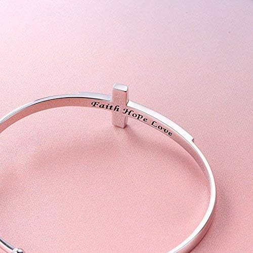 DAOCHONG Sterling Silver Sideways Cross Bangle - Faith Hope Love Engraved Bracelet With Love Heart Circle for Women, Sister, Girlfriend Gift - Image 2