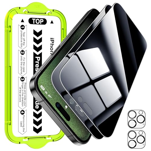 Image of Esanik [2+2 Pack for iPhone 15 Pro Privacy Screen Protector - Anti-Spy Tempered Glass & Camera Lens Cover, Military-Grade 9H Hardness, Anti-Scratch, Flawless Fit Tray