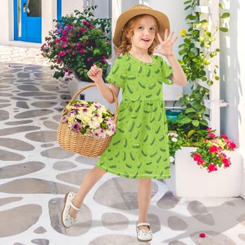 Girls Summer Dress Short Sleeve A Line Pickle Pattern on Green Background Casual Dresses for Kids 2-8 Years3