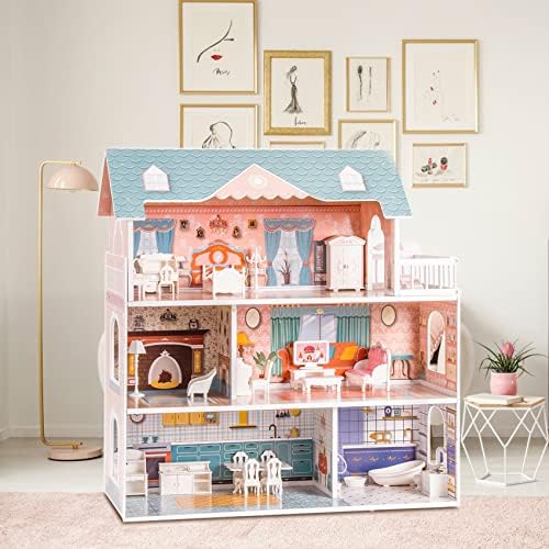 ROBUD Wooden Doll House with Accessories and Furniture for Little Girls Toy Gift for 3 4 5 6 Years Old Kids