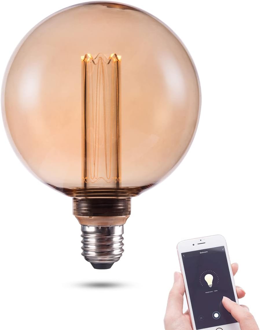Smart WiFi Decorative Round LED Light Bulb, 3.8W Amber RN Vintage Edison LED Bulb, G125, Dimmable Soft Warm 2000K, E26 Base, No Hub Required, Compatible with Alexa and Google Home Assistant