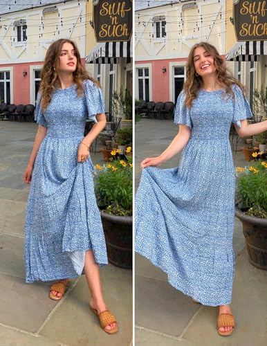 Image of ZESICA Women's 2026 Summer Boho Floral Maxi Dresses Casual Short Flutter Sleeve Smocked Tiered Flowy Dress