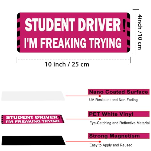 Image of Pink Student Driver Magnet for Car, Cute New Driver Magnetic Vehicle Sign, Reflective Safety Warning Sticker Magnet Sign for Girl, 10 inch x 4 inch (Pink- 2 Pack)