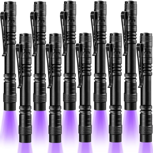 Beieverluck 10 Pack UV Black Light Flashlight Mini 395nm Pen Light with Clip LED Handheld Blacklight Detector for Leak Pet Urine Hotel Inspection Dry Stain and Bed Bug, Large