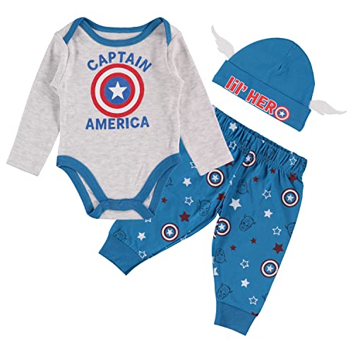 Image of CAPTAIN AMERICA Marvel Baby Boys Clothing 3-Piece Set with Baby Bodysuit, Pants, and Hat - Newborn Boy Outfits