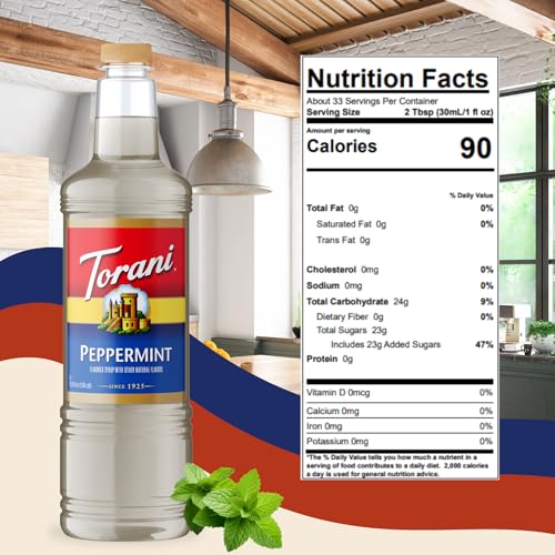 Image of Torani Peppermint Syrup 1L with Pump Mint Flavoring for Lattes & Cocktails