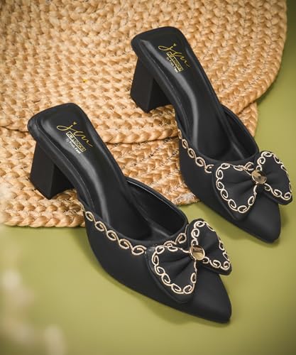 Image of JM LOOKS Elegant Pointed Toe Block Heel Mules Featuring Sophisticated Bow Detail and Ornate Textured Embroidery
