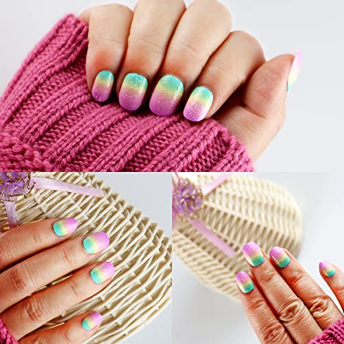24 Pcs Rainbow Kids Press On Nails Pre-Glue Children False Nails Short Oval Full Cover Artificial Fake Nails Gradient Glitter Acrylic Nail Tips For Little Girls Gift (Rainbow Pink) #TOP5