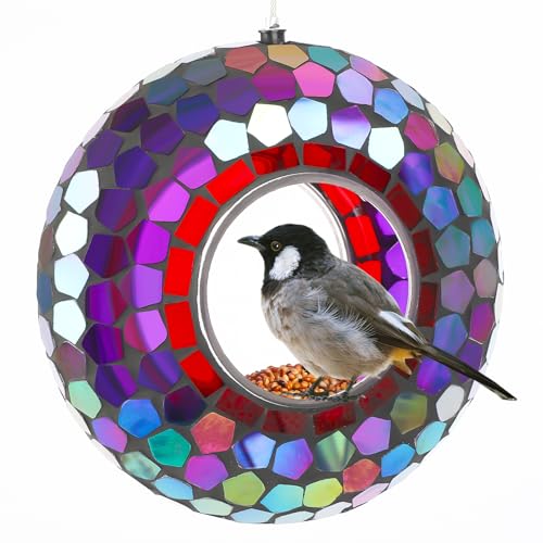 Tegarbed 6 Inch Mosaic Glass Fly Through Bird Feeder for Outdoors Purple