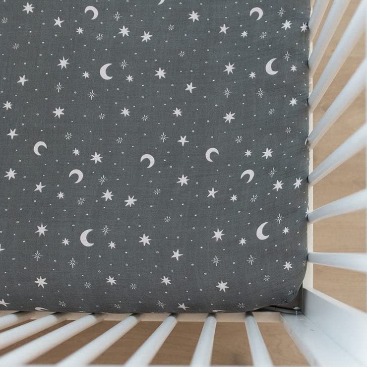 Image of Night Sky Muslin Crib Sheet by Mebie Baby, Soft and Breathable Bed Sheets for Babies, Modern Neutral Bedding for Cribs, Standard Crib Mattress Fitted Sheet, Great for Boy or Girl Room or Nursery