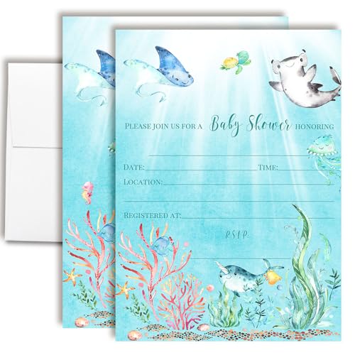 Invitaciones para Baby Shower de Vida Marina: 20 tarjetas de 12,7x17,8 cm con sobres blancos