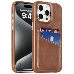 LUCKYCOIN Genuine Leather Wallet Phone Case for iPhone 15 Pro Max, Phone Purse with 2 Credit Card Holder, Compatible with iPhone 15 Pro Max, Metal Button Bumper Protective Shockproof Cover Dark Brown