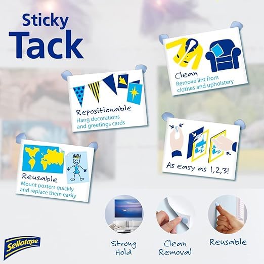 Image of Sellotape Sellotac Sticky Tack for Home & Office, Reusable Adhesive ideal for hanging Photos, Cards or Decorations, can be repositioned and reused, strong hold, easy to use, no mounting needed, 45g x2