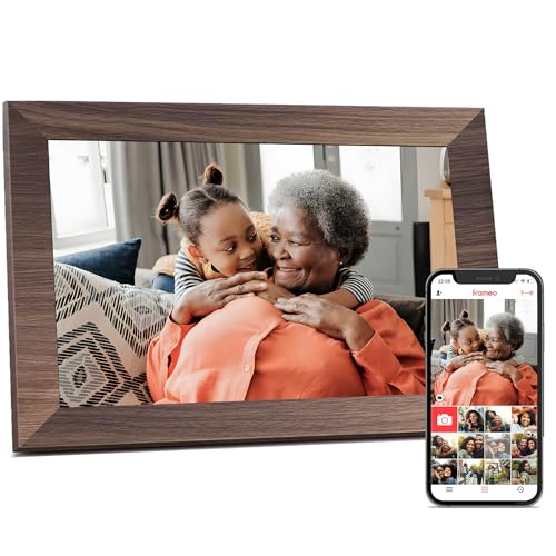 Digital Picture Frame, Frameo WiFi 10.1 Inch 1280 * 800IPS Touch Screen Digital Photo Frame, 32GB Memory, Auto-Rotate, Share Videos Pictures, Birthday Gift for Friend, Family, Wood Color Plastic Frame