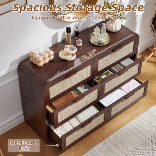 Image of LEYAOYAO Rattan 6 Drawer Dresser for Bedroom, Walnut | Modern 49 inch Wide Curved Dressers & Chests of Drawers with Solid Wood Handle & 5 inch Deep Drawers & Anti-Tip Safety