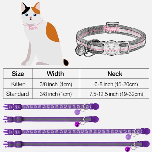 Image of Taglory Reflective Cat Collars Breakaway with Bell, 2-Pack Girl Boy Pet Kitten Collar Adjustable 7.5-12.5 Inch, Purple