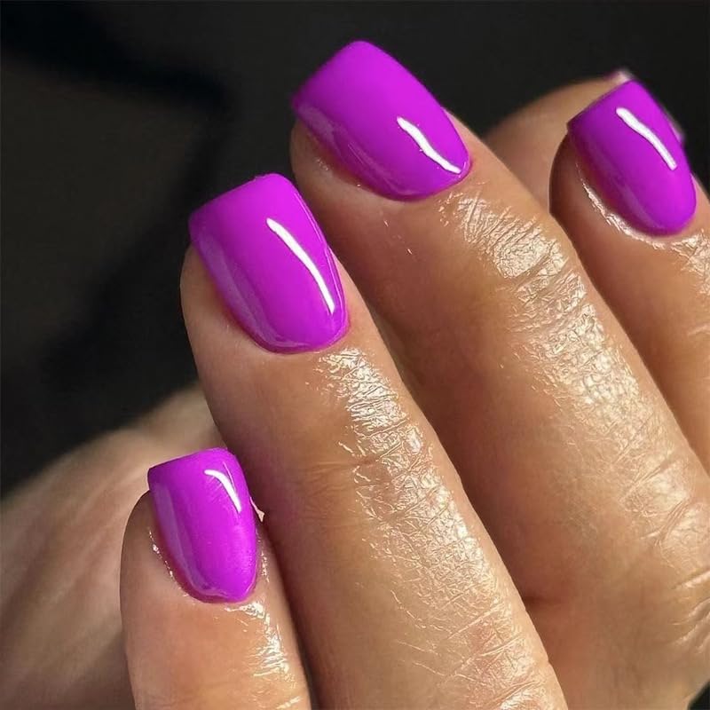 Short Press On Nails Square Fake Nails Full Cover Purple Solid Co...