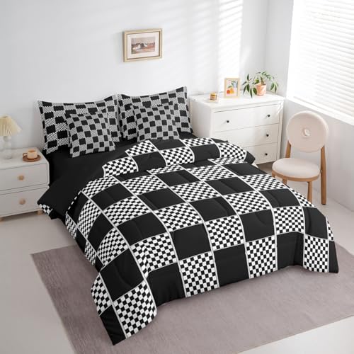 Image of Erosebridal Geometric Checkered Full Bed in A Bag 7 Piece Black White Buffalo Plaid Comforter Set with Sheets Checkerboard Gingham Bedding Sets for Kids Boys Teen,Modern Fashion Grids Bed Set
