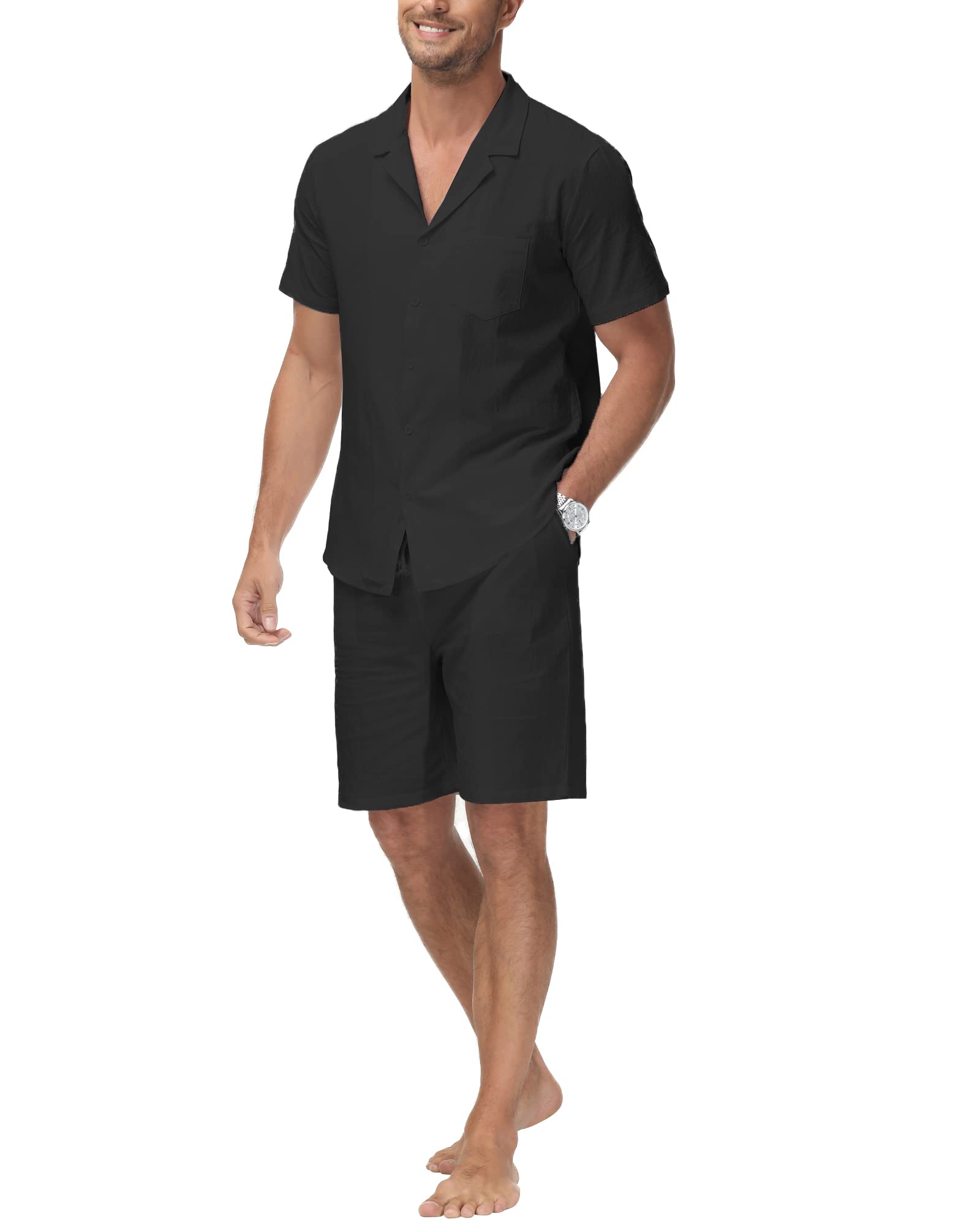 YAOHUOLEMen's Cotton Linen Shirt and Shorts 2 Piece Outfits Sets Casual Summer clothes Vacation Beach Wedding Suits