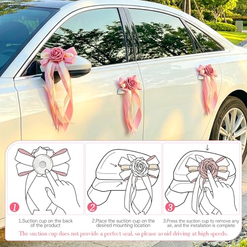 Image of 6PCS Wedding Car Door Handle Decorative Flowers, White Artificial Cars Bouquet Flower Bowknot Ribbon Decor, Just Married Automotive Decorations Accessories for Door Handles(Pink)