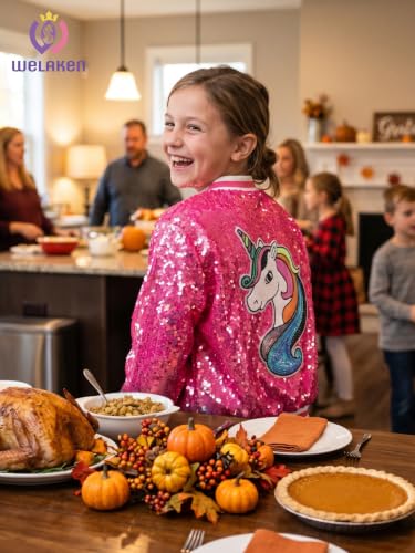 Image of WELAKEN Unicorn Sequin Jacket for Girls Kids Toddler Sparkle Zipper Bomber Jacket with Pockets