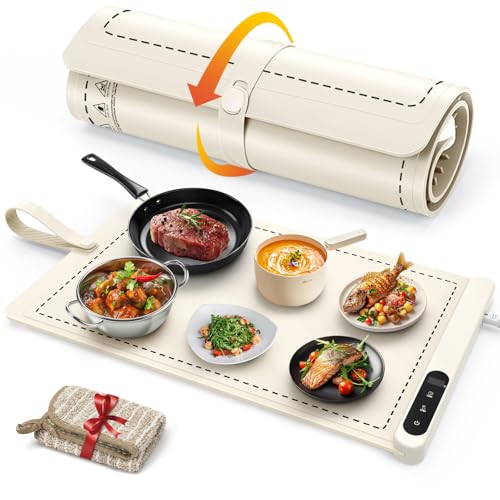 Image of FYY Warming Mat for Food with Heat Resistant Pad - Rapid and Full Surface Heating, 7 Temp Settings, 6H Timer, Rollable Portable Food Warming Mat for Countertop Party Buffet, Keep Meal Warm (XL, Beige)