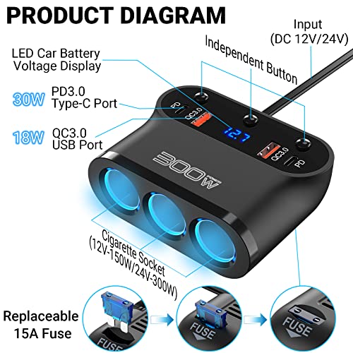 Cigarette Lighter Splitter Adapter 300W: Car 12V Splitter 3 Socket Car Charger Extension Dual Pd Usb C And 18W Qc Ports 12Volt Power Outlet With Button Switch Led Voltmeter For Gps Dash Cam Car Heater #TOP1