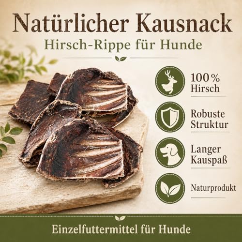 mascota vital - Hirschrippen für Hunde – 100 % natürlich & getreidefrei – Kausnack mit Fleisch & Knochen – Wild-Snack ohne Zusätze – langanhaltender Kauspaß für Allergiker & Sensible Hunde