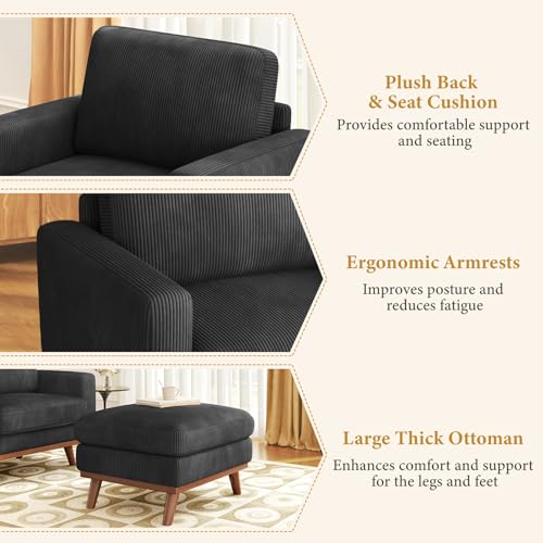 Image of Vesgantti 38.5 inch Accent Chair with Movable Ottoman, Comfy Corduroy Armchair with Spring Cushion, Reading Chair with Ottoman, Modern Single Sofa for Living Room, Bedroom and Apartment, Black