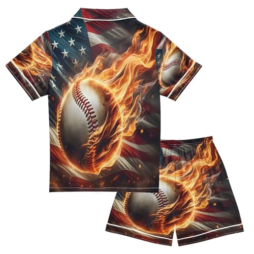 ALAZA American Flag Fire Baseball Satin Pajamas Set Short Sleeve Button Down Sleepwear Summer Pjs 2 Piece2
