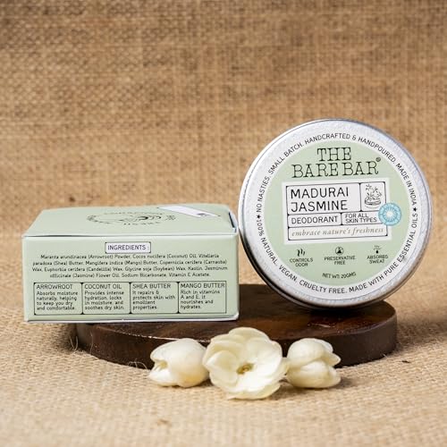 Image of The Bare Bar Madurai Jasmine Deodorant - 20 gm | Floral Fragrance| Odor & Sweat Control | Natural formula and Chemical free|Good for all skin types| Travel Mini Size Solid Deodorant for Men & Women