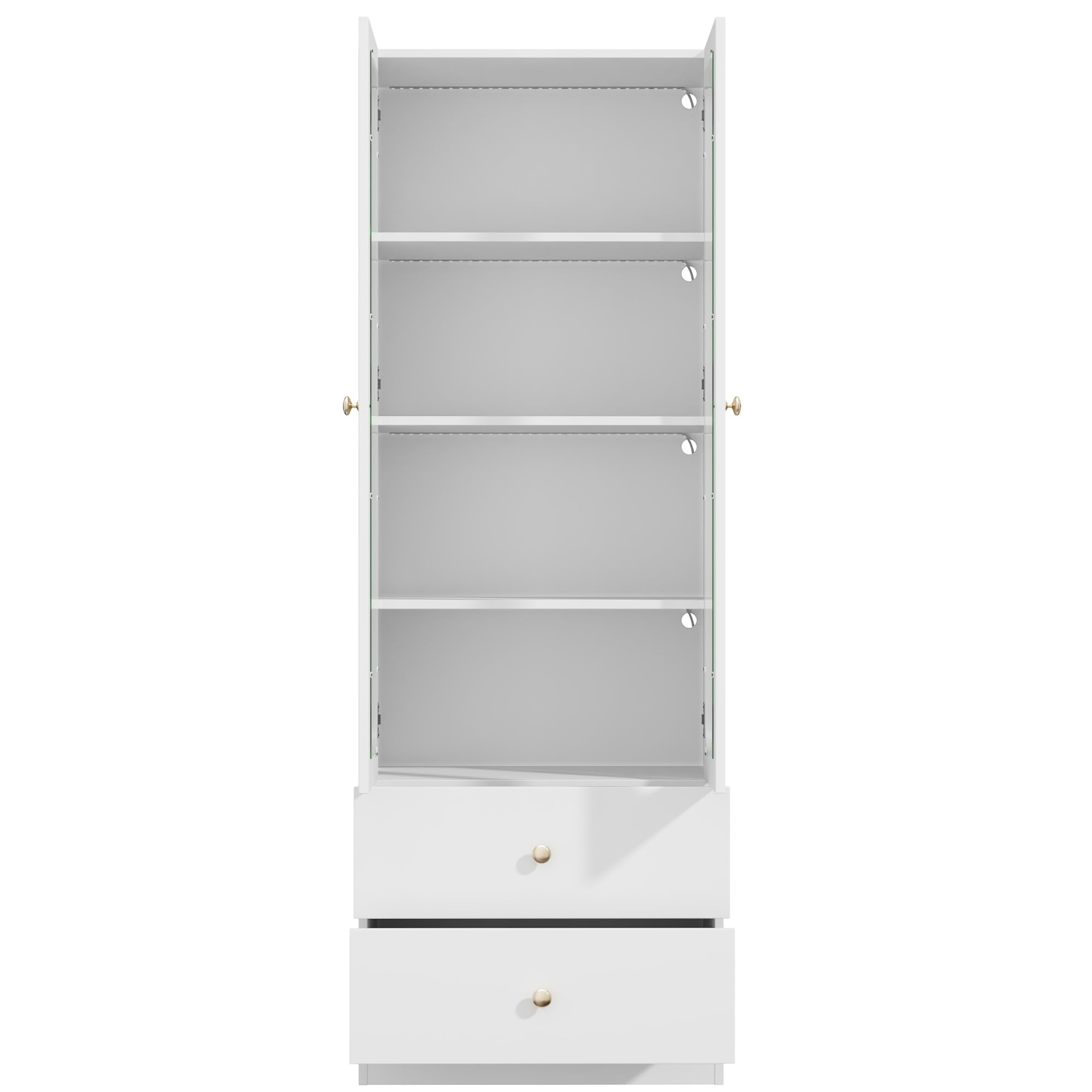 Vitrina de cristal blanco, armario de cocina, vitrina coleccionable, 4 niveles, armario de juguetes con 2 cajones, asas de metal doradas, 60 x 35 x 170 cm