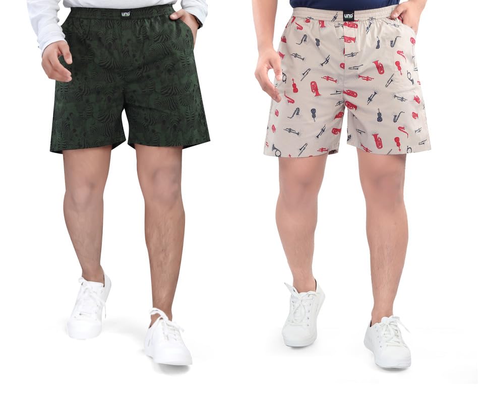 Image of UNOseven Shorts for Boys - 100% Cotton Printed with Side Pockets - Pack of 2 - Available from Size 7 Years to XL
