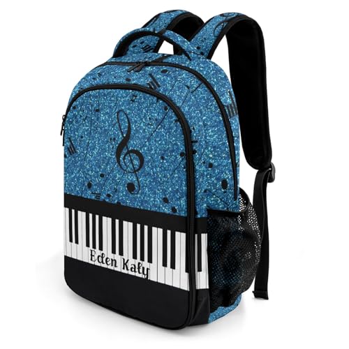 Custom Text Piano Key Music Note Glitter Blue Backpacks for Girls Boys School, Capacity School Backpacks for Kids Water-resistant Bookbags2