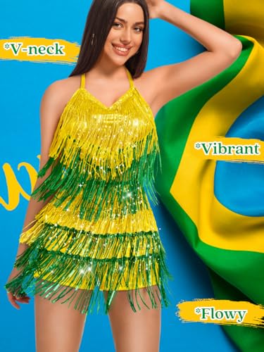 Image of Kaei&Shi Sequin Fringe Romper,Sparkly Glitter Metallic Jumpsuits For Women,Backless Shorts Dress Disco Birthday Dance Outfit