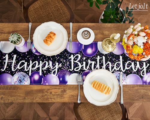 Image of Letjolt Purple Balloon Happy Birthday Table Runner 72 Inches | Linen-Like Fabric, Celebrate Party Table Decor