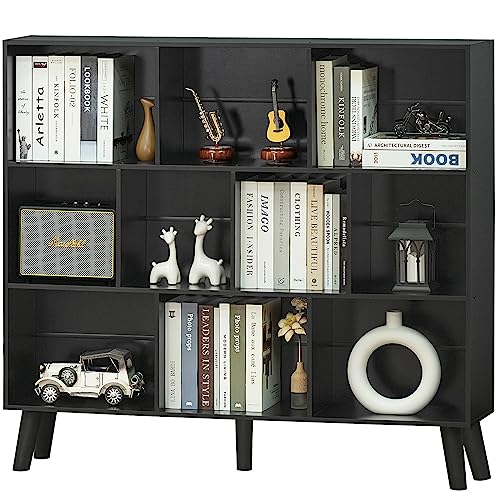 YAHARBO 10 Cube Bookshelf,3 Tier Bookcase with Legs,Black Mid-Century Modern Bookshelves,Large Free Standing Open Storage Organizer Shelf,Tall Wooden Book Case Furniture for Bedroom,Living Room,Office